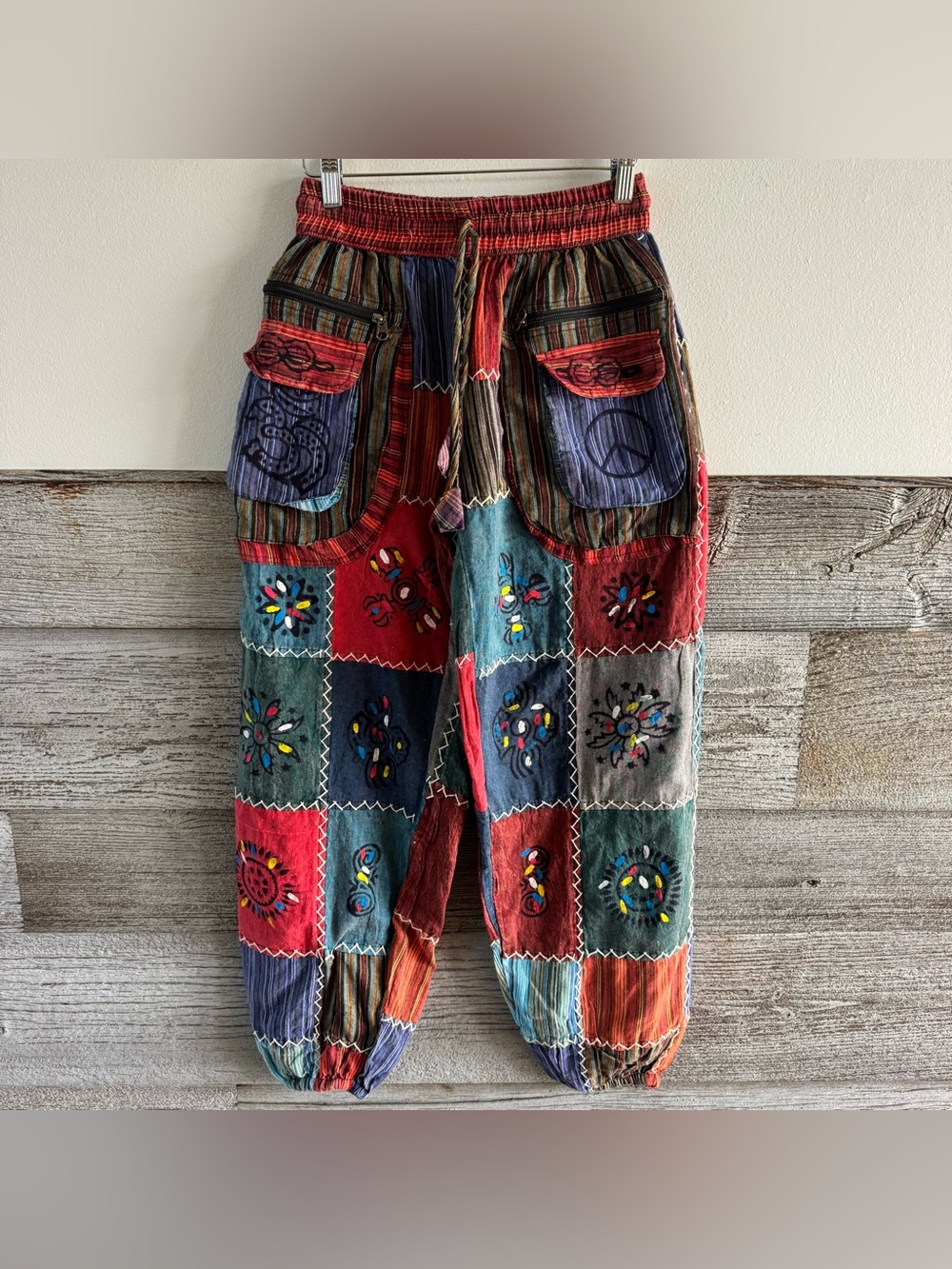Nepal Patchwork Harem Pants Peace Sign Boho Hippie Cotton Size M (N1)